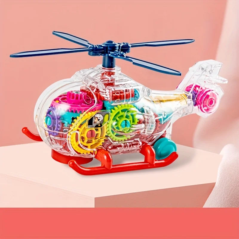 Transparent Electric Gear Helicopter Toy with Flashing Lights and Music, Electric Gear Locomotive Toy, Mechanical Learning Toy