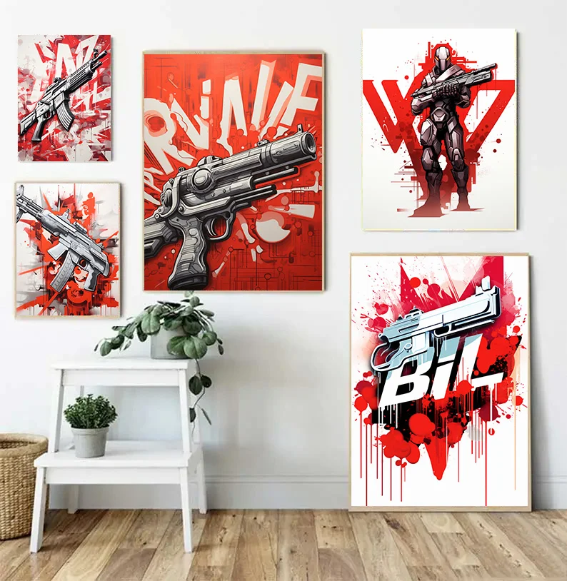 1Pcs Decoration Pictures Room Wall Art Canvas Painting Red Decorative Paintings Submachine Gun Little Boy Posters for Wall Decor