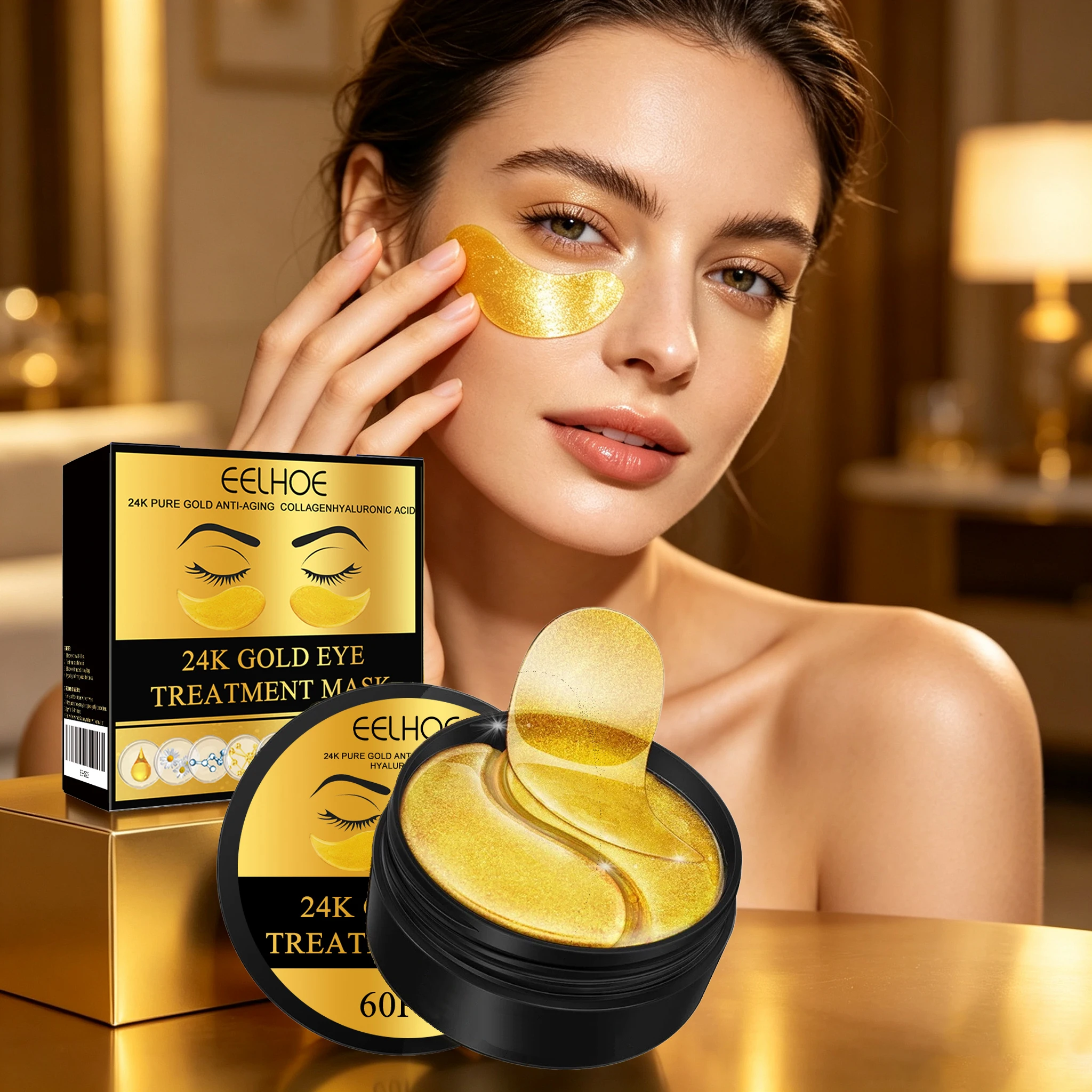 60PCS Golden Eyes Mask Gentle Moisturizing Boosts Skin Elasticity Smoothing Reduce Puffiness Firming Fade Fine Lines Glowing Lifting Eyes Patch