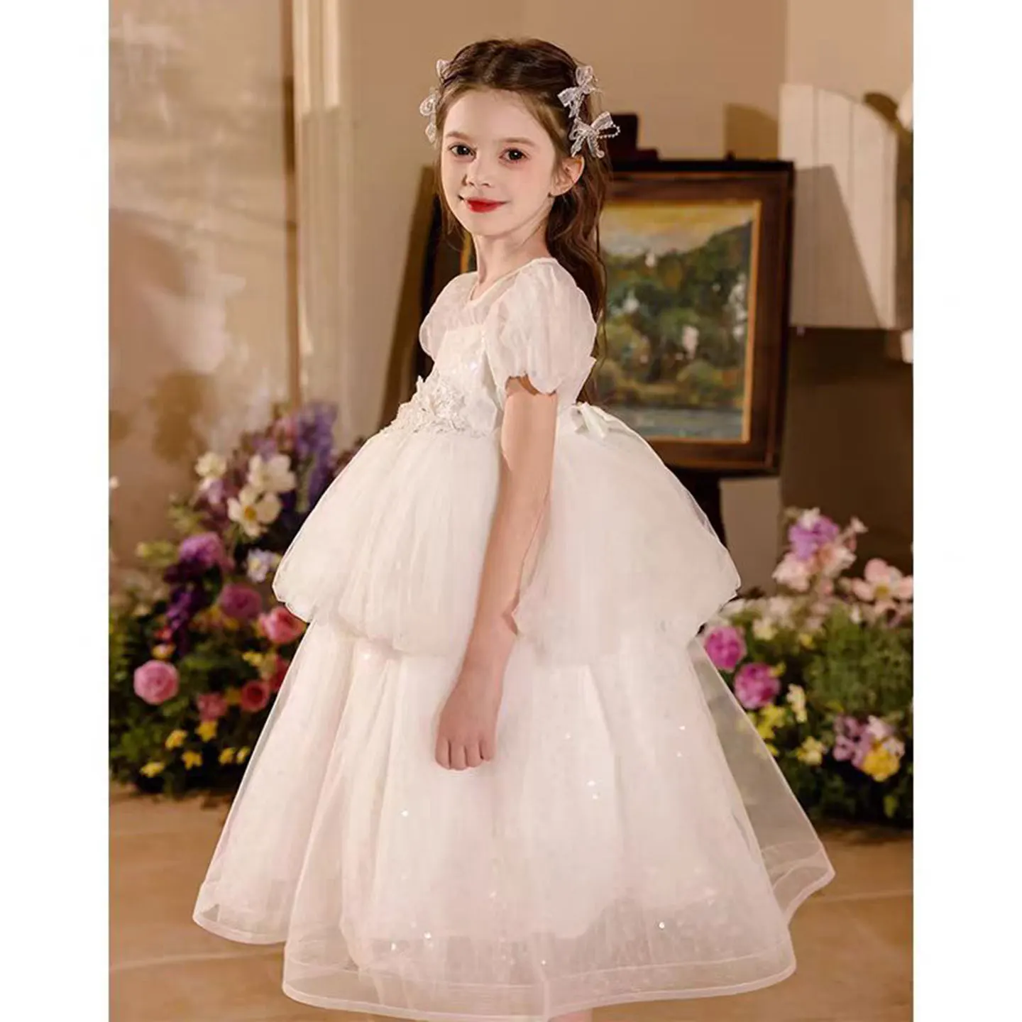 Dreamy Vow J522 Bella o-collo con paillettes a strati in tulle neonata abito da principessa bianco matrimonio festa di compleanno abito da prima comunione
