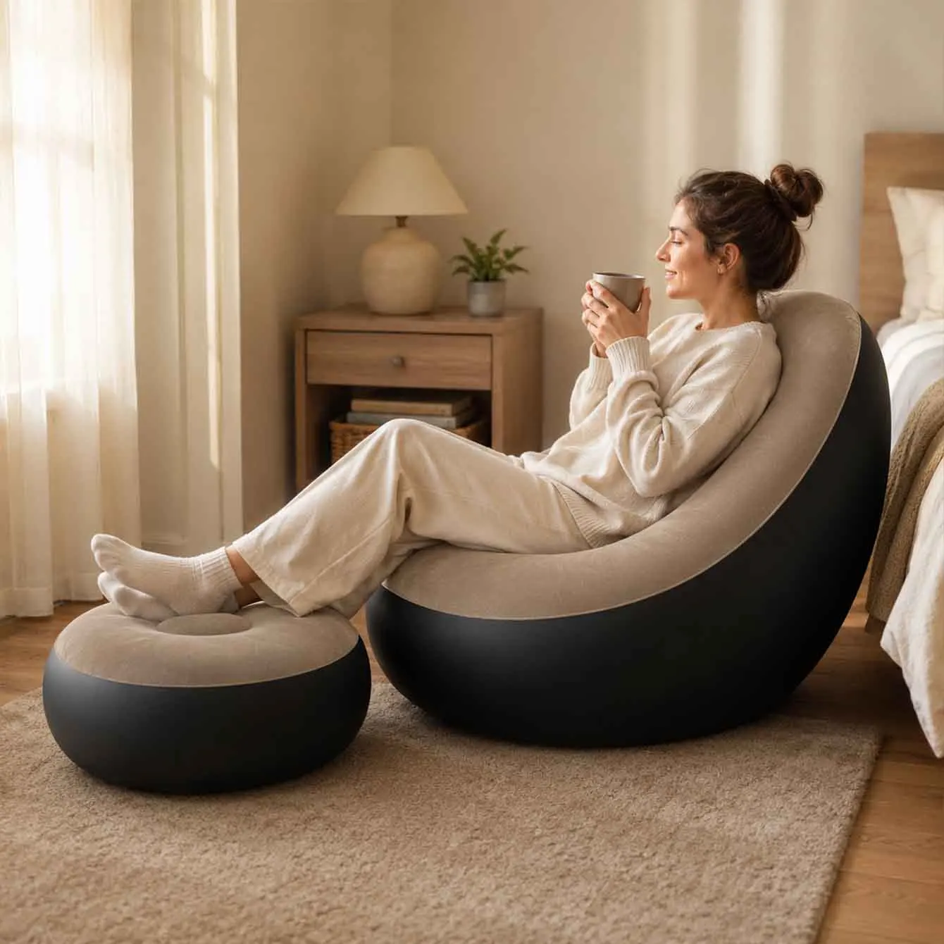 1PC Inflatable Lounge Chair for Adults, Folding Portable Lazy Sofa with Foot Stool Lazy Flocking Recliner Chair Air Couch Sofa image 2
