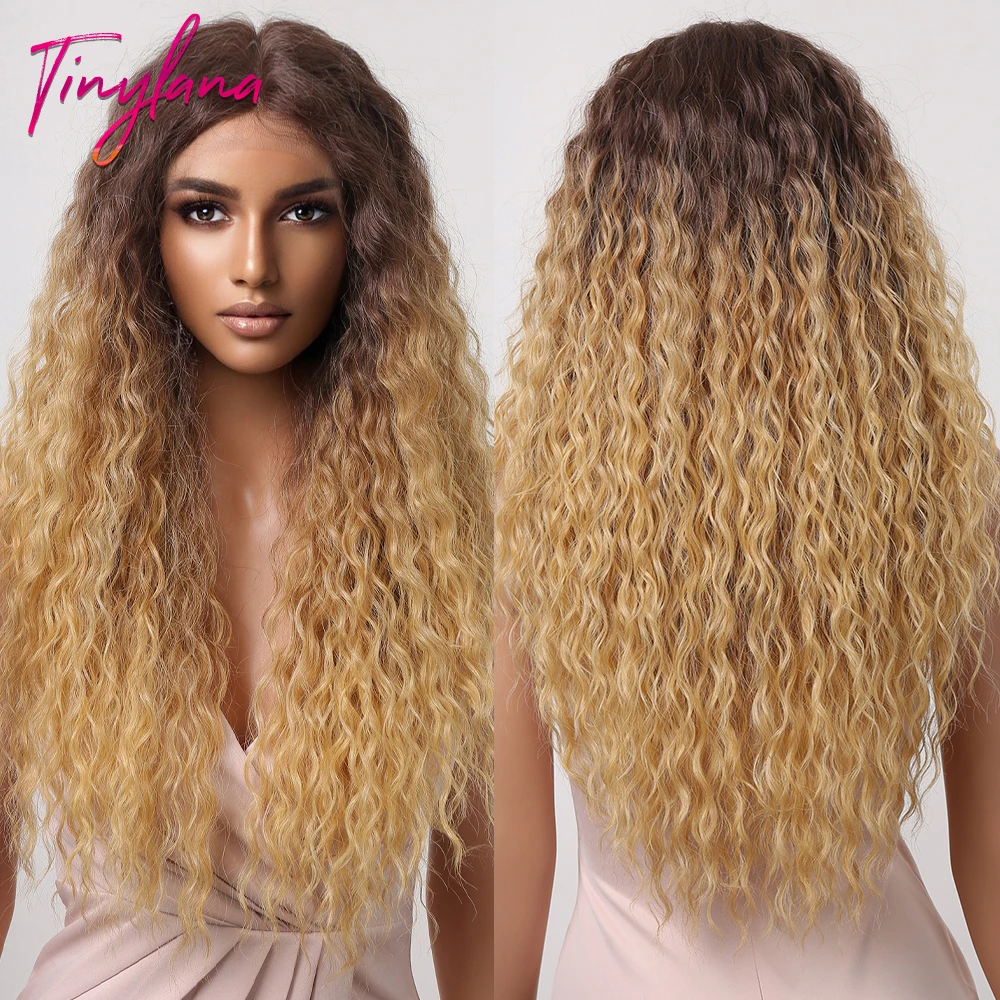 

Long Curly Synthetic Lace Wigs Brown Ginger Yellow Highlight T-Middle Part Lace Wig for Black Women Cosplay Afro Deep Wave Hair