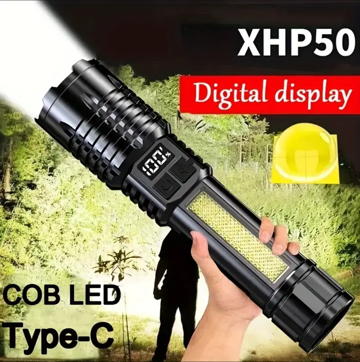 

1pc High Lumen Rechargeable Flashlight, ABS LED Torch XHP50 USB Super Bright Flash Light, Handheld Digital DisplayFlashlight For