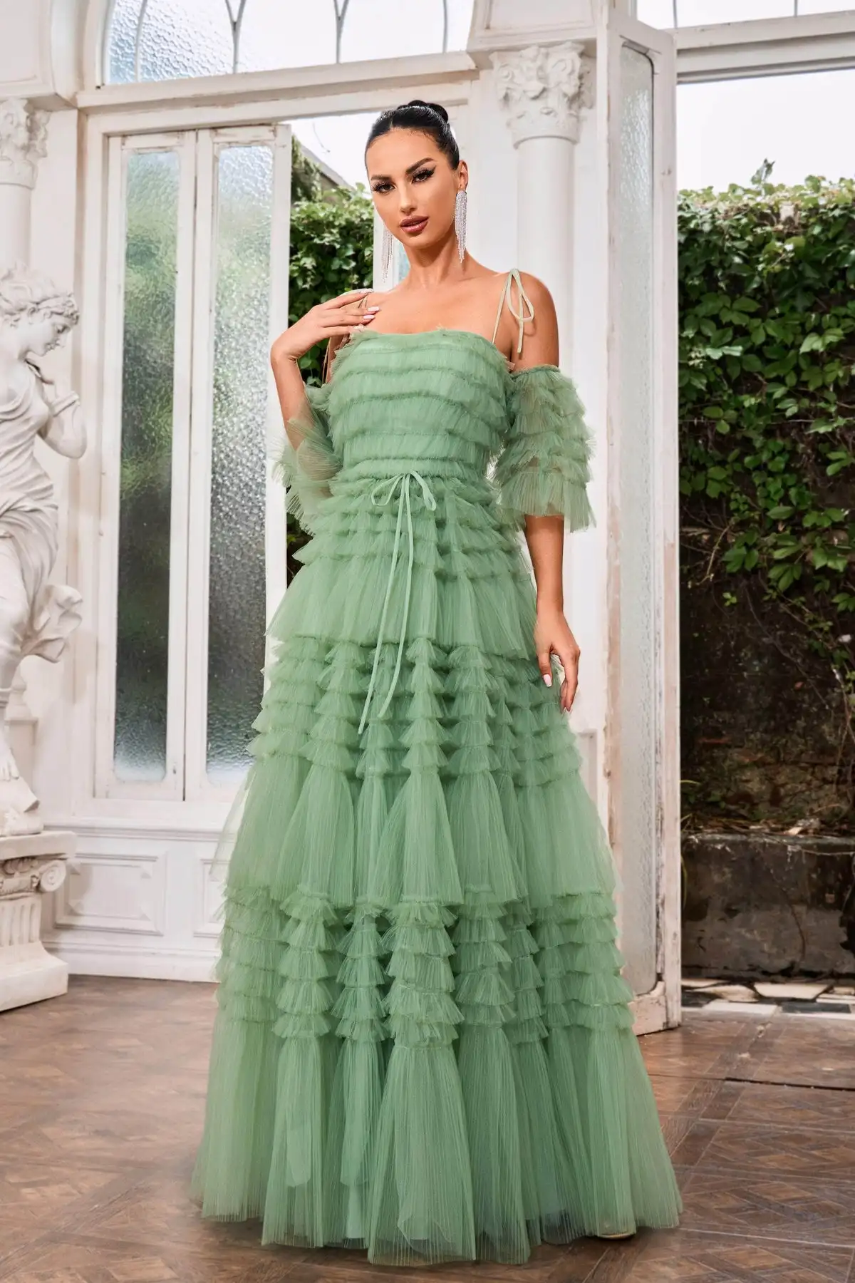 

Tie Straps Ruffled Tulle Prom Dresses 2024 Princess Long Slit Formal Evening Dress Illusion Ball Gown Robe de soirée for Women