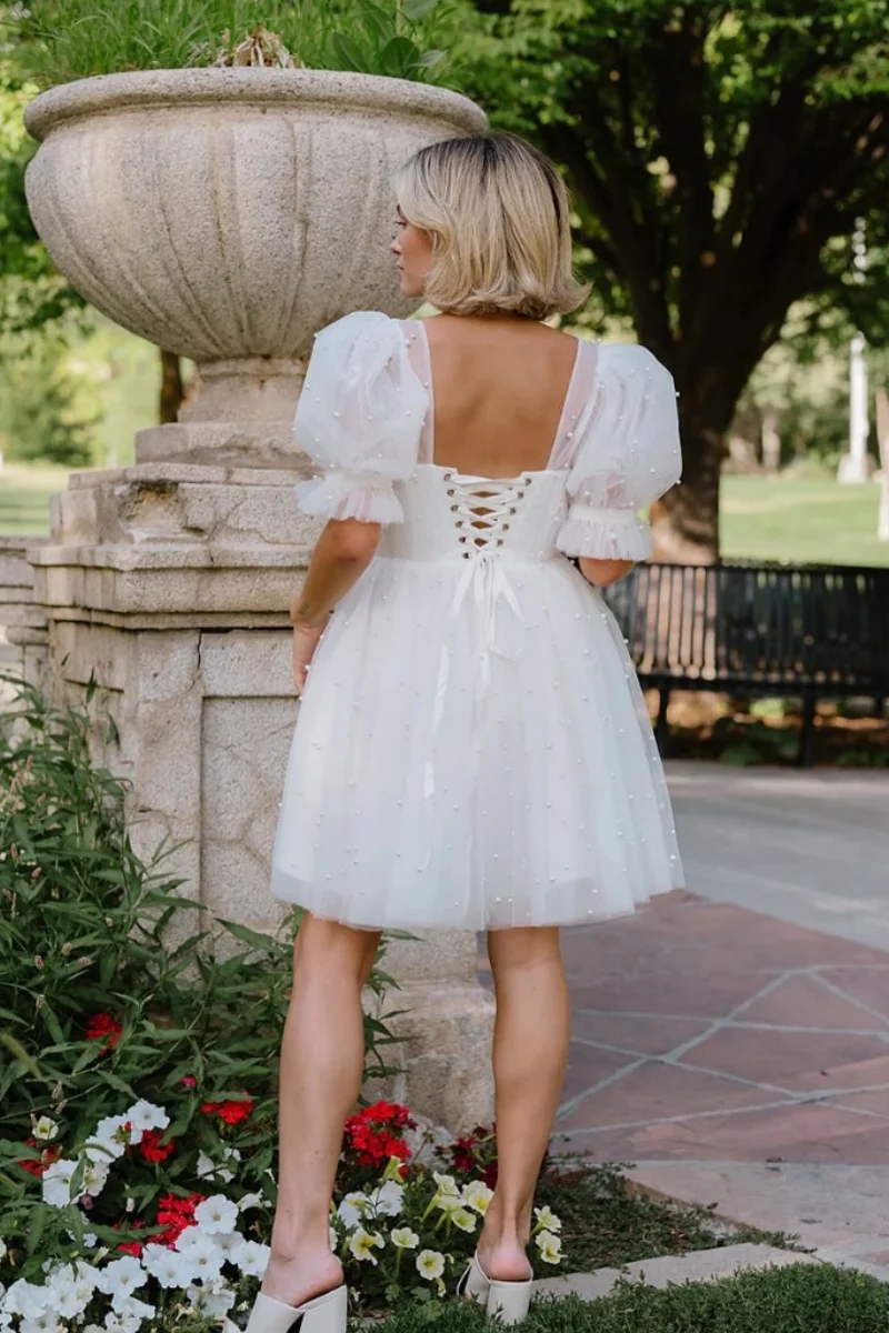 Jessica Sweetheart White Evening Dresses Tulle Handmade Pearls Prom Dresses Short Corset For Women Vestidos De FiestaCustomized