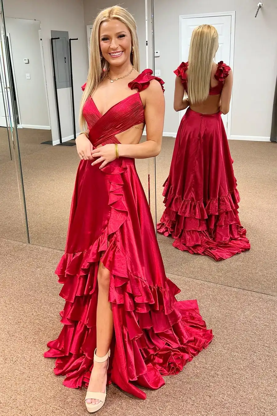 

Cutout Ruffle A-Line Long Prom Dress with Slit A-LINE Sleeveless V-Neck Wedding Gown Ruched Floor Length Party Dress