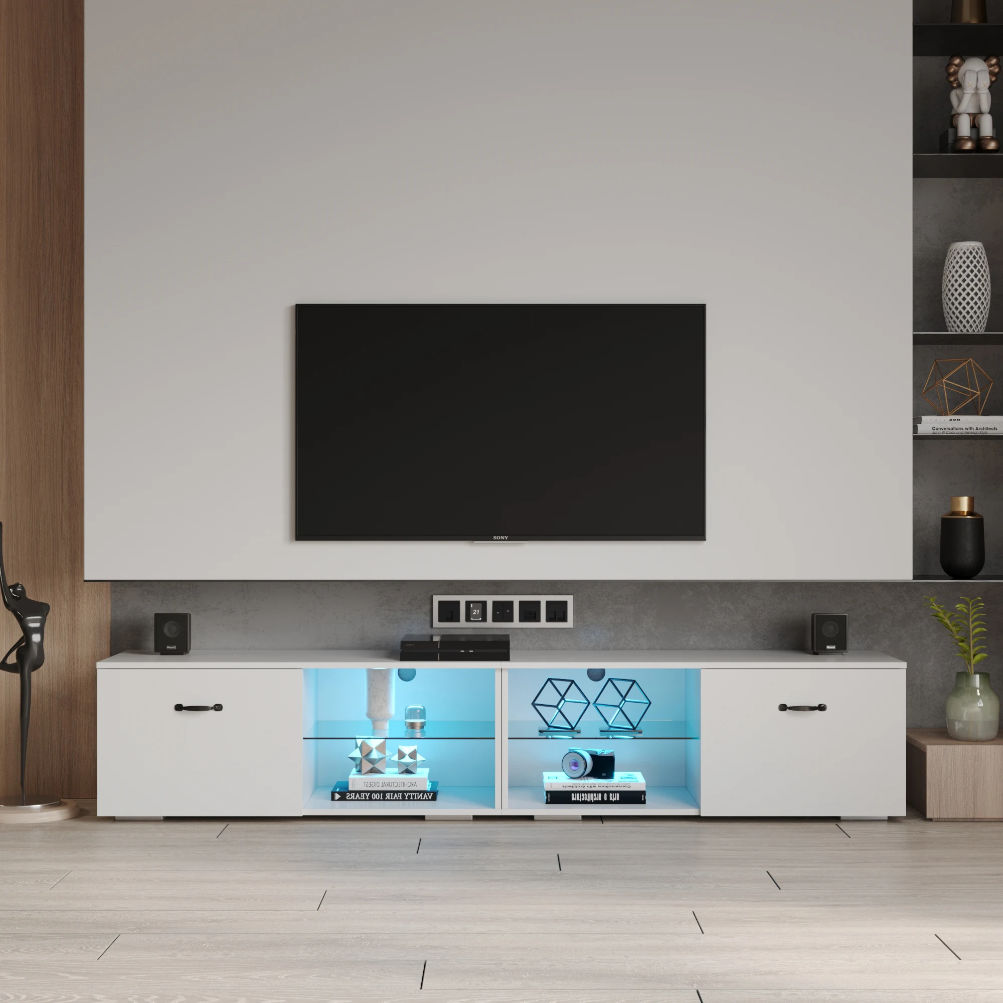 80 InchTV Cabinet with LED Light High Gloss TV Stand W/Open Shelf and Cabinet Universal Entertainment Center Table White/Black