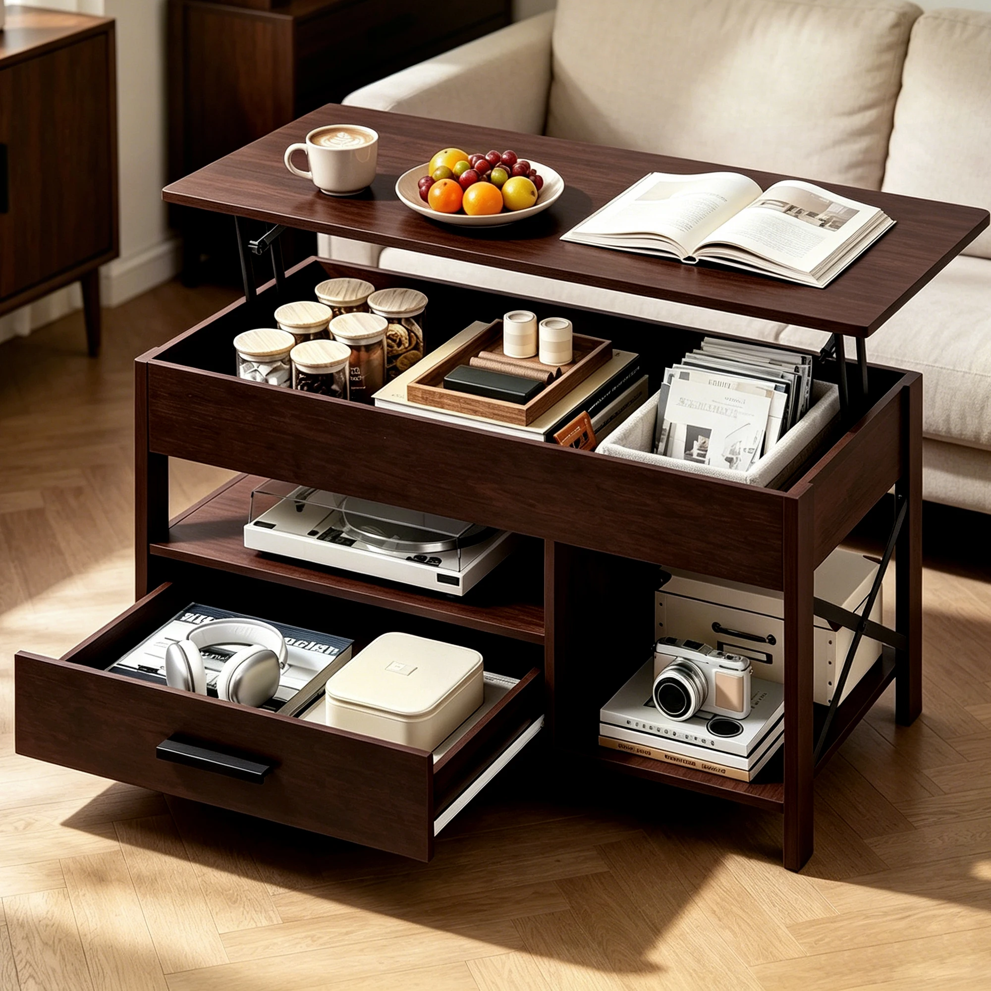 Mesa de centro elevatória para sala de estar/jantar/escritório, marrom |   Mesa de Café de Madeira Estilo Moderno