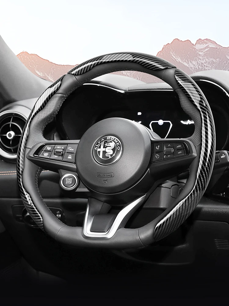 Odpowiedni do Alfa Romeo Sportowy, błyszczący pokrowiec na kierownicę z teksturą włókna węglowego, mocowany na zatrzask, do Giulia 952, Stelvio 949, 147, Mito, Giulietta, Tonale 965, Sprint 159, — 2