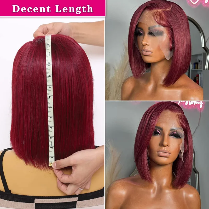 99J Wig Bob pendek renda depan warna merah rambut manusia 16 inci pendek Bob 99J Burgundy 13x4 Wig Frontal renda telah ditanami untuk wanita