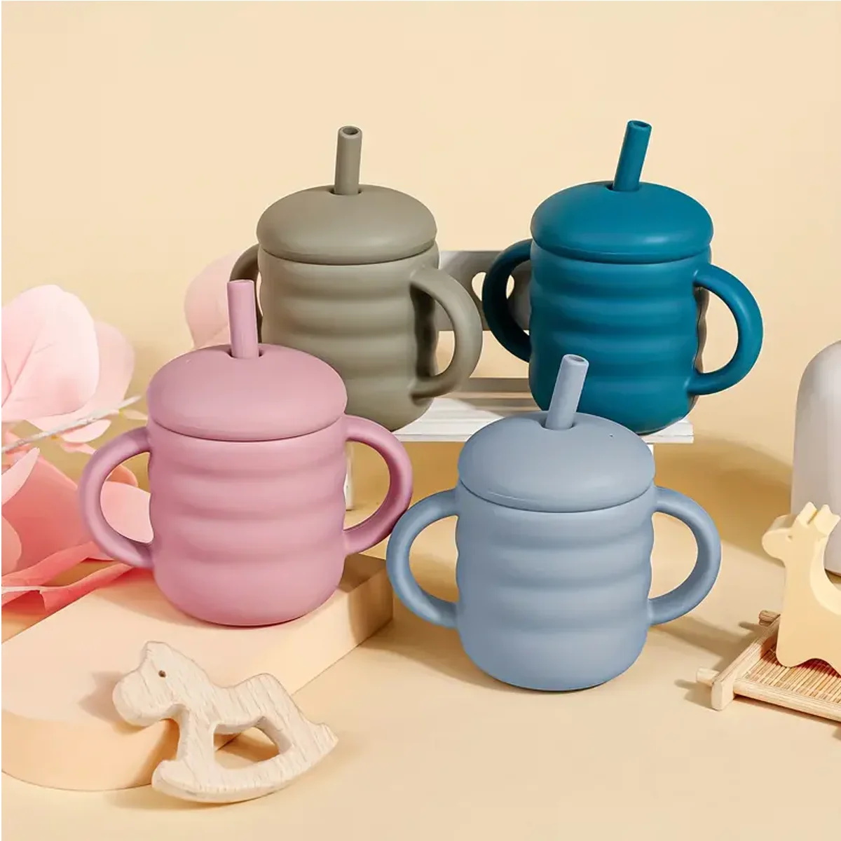 Baby Silicone Cups Straw Thread Cup BPA-Free Portable Storage Snack Container Feeding Cup For Kids Leakproof Learning Drink Cup