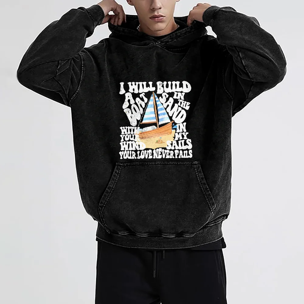 

Boat Building Hoodie Inspirational Sailing Graphic Casual Loose Long Sleeved Motivational Faith Based Comfortable Top