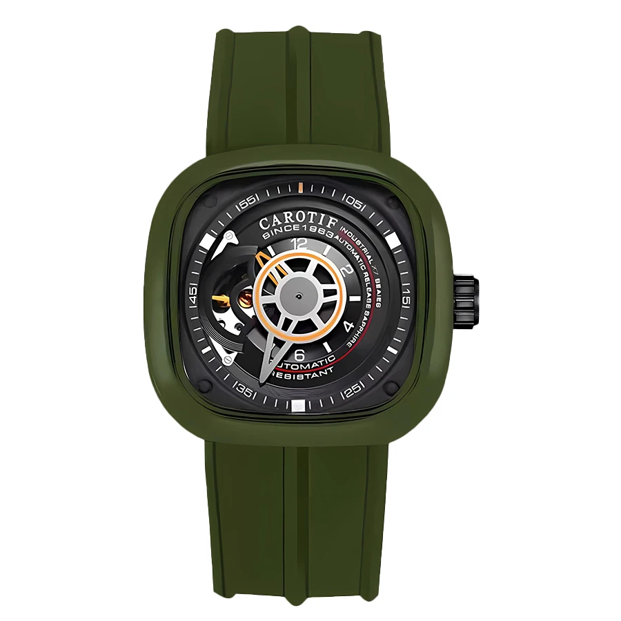 New men\'s wristwatch sports trend fashion high-end square green silicone strap fully automatic men\'s mechanical watch