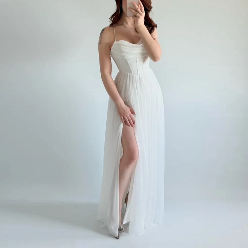 

Customized Sweetheart Prom Gown Simple spaghetti strap Draped Pleat A-Line Evening Dresses Backless Tulle Birthday Party Dress