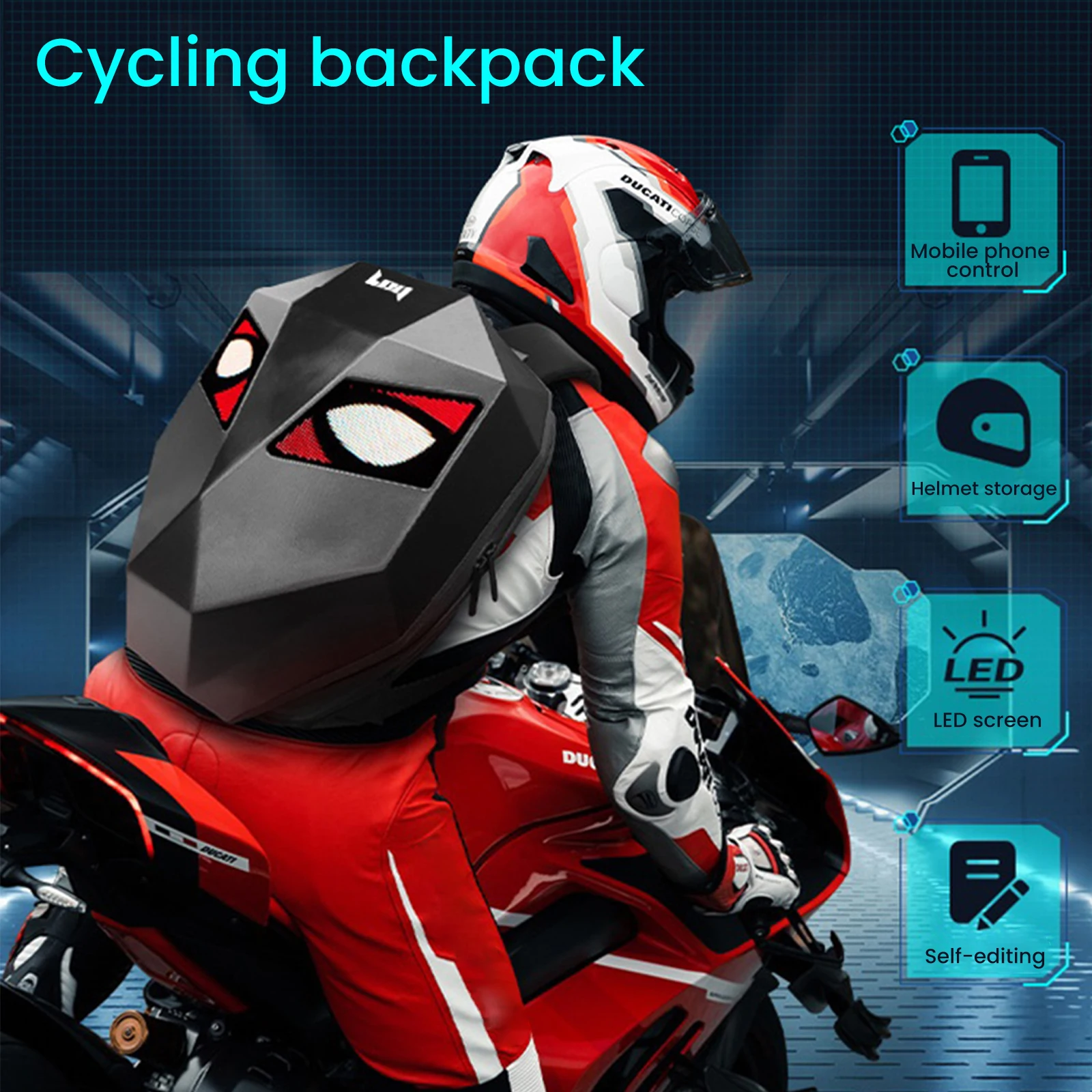 LED Motorcycle back pack 3D Hard cover Motorcycle back pack With Programmable Digital cable Waterproof ride Helmet Bag Outdoor