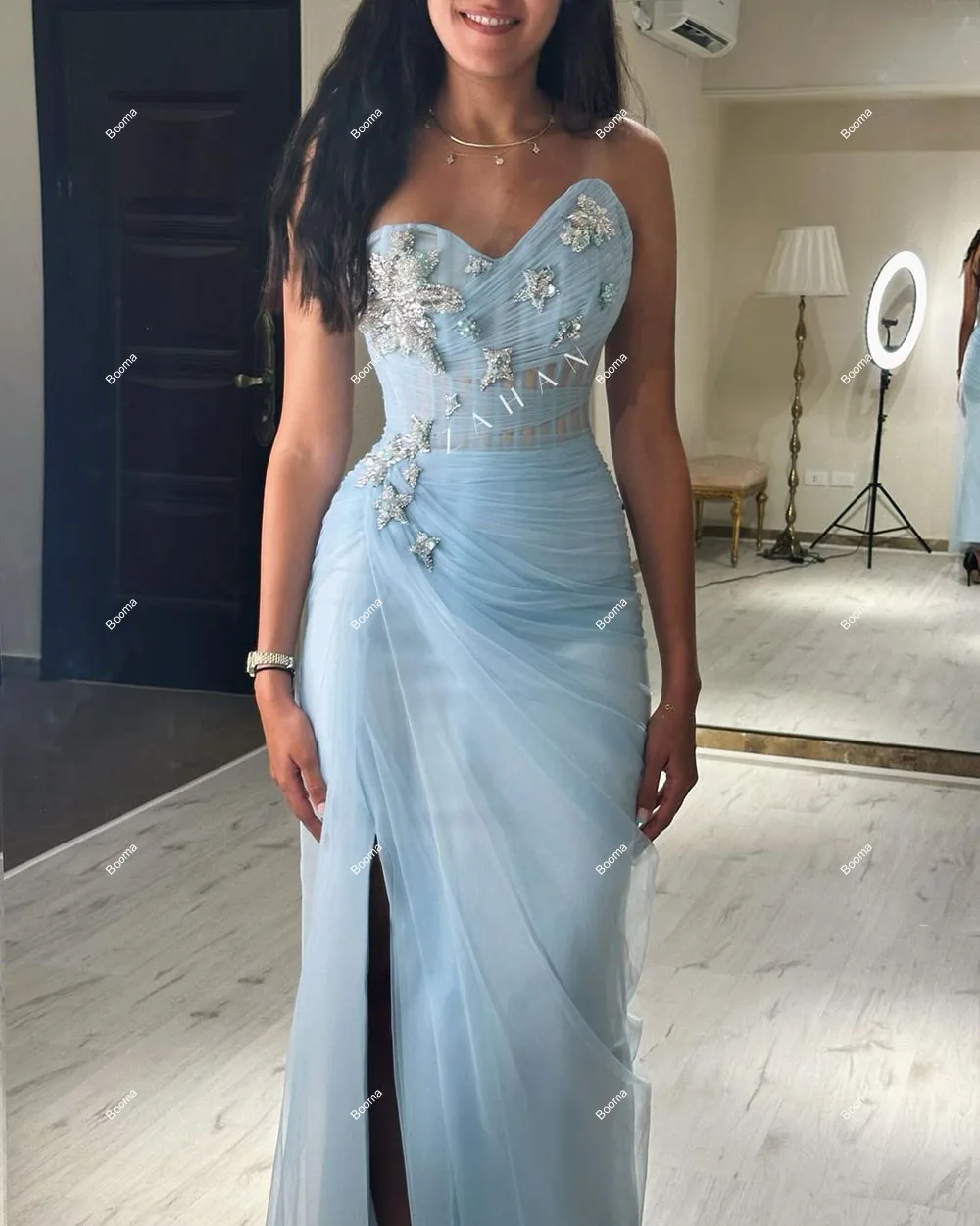 Booma Sky Blue Mermaid Evening Dresses Sweetheart Sleeveless Crystal Formal Occasion Gowns Ankle Length Prom Dresses Customized