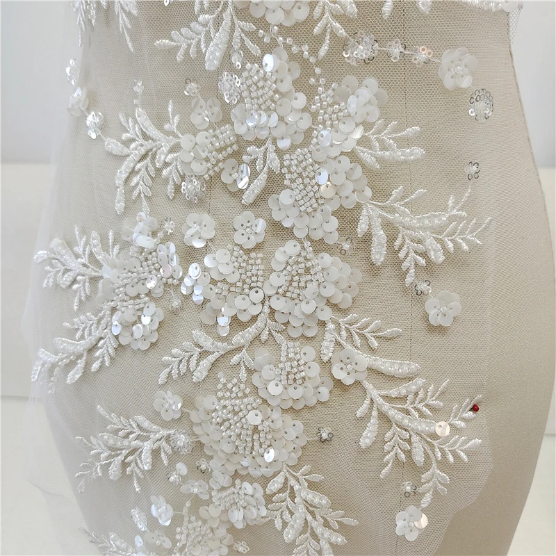 3D Luxury Flower Beaded Lace Appliques for Wedding Dresses Veils Bodice Rhinestone Lace Applique Patches Embroidery Lace  Ropa