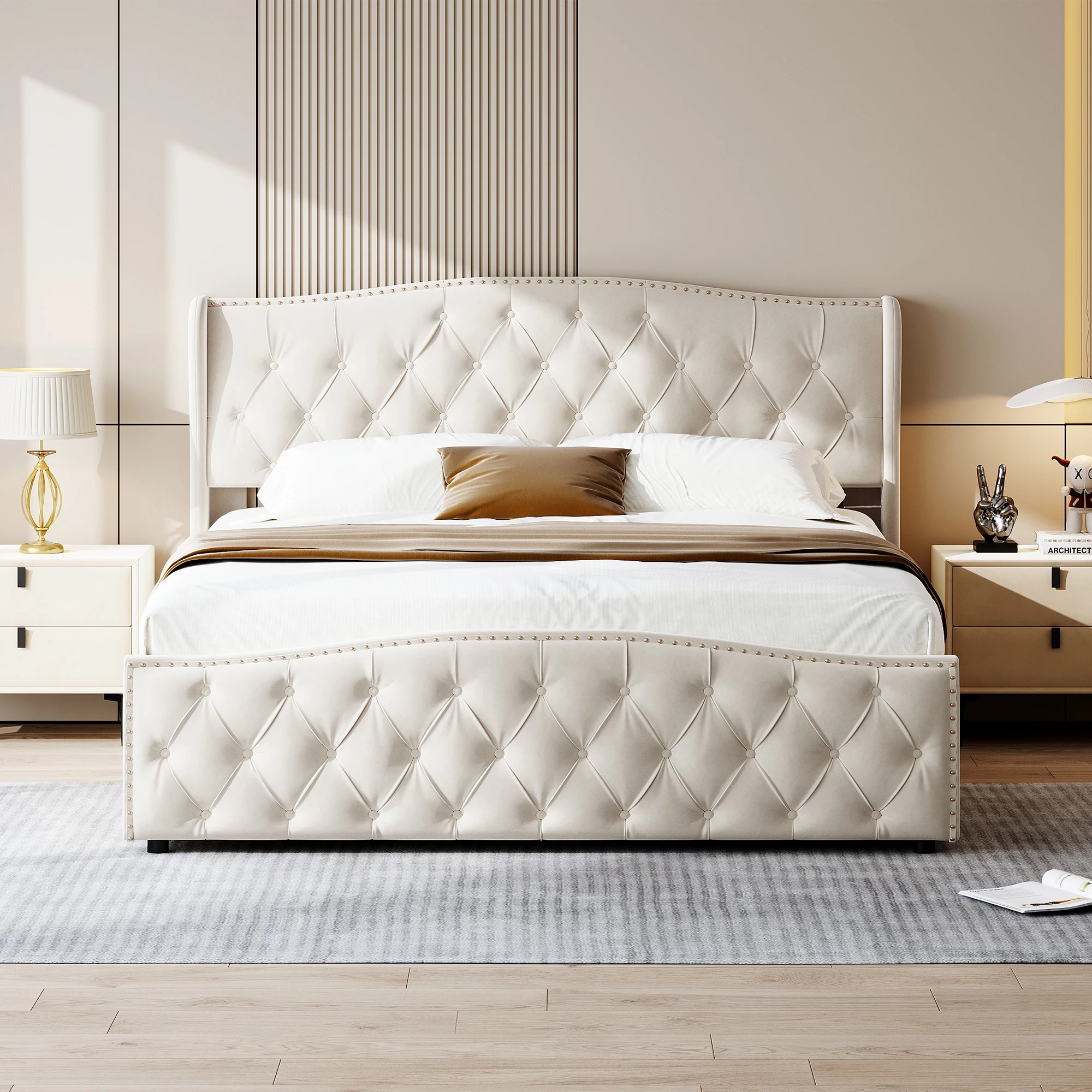 Polsterbett 160 x 200 cm mit Stauraum, LED-Beleuchtung, Doppelbett mit Kopfteil, hydraulischem Stauraumbett mit Rückenlehnenrahm