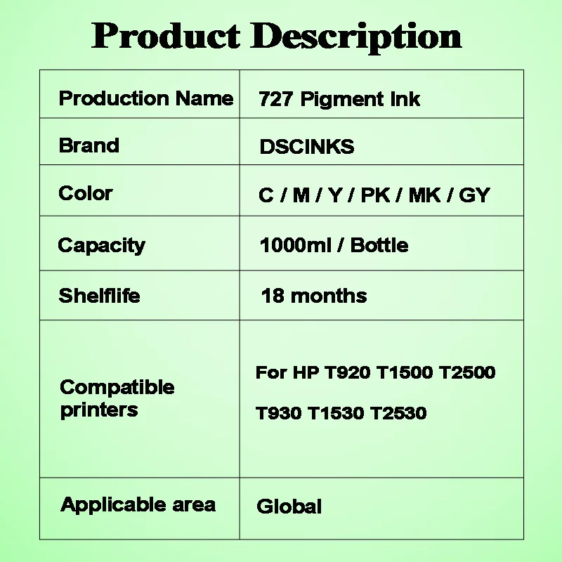 1000Ml 727 Pigment Ink Bottle High Quality Ink For HP T920 T1500 T2500 T930 T1530 T2530 Printer