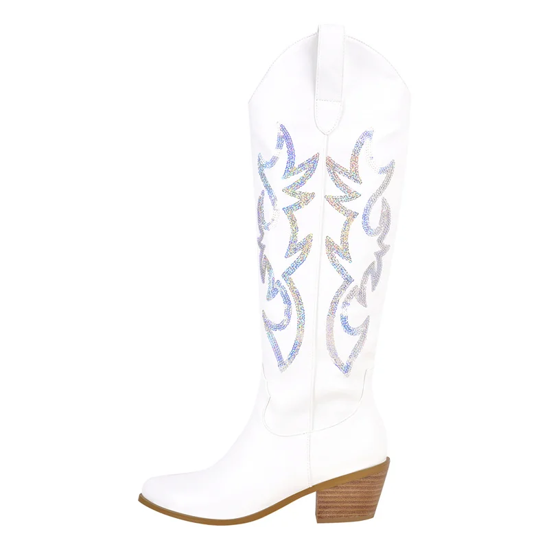 Onlymaker Women White Pointed Toe Embroidered Western Cowboy Boots Block Heel Pull-On Big Size Cowgirl Booties