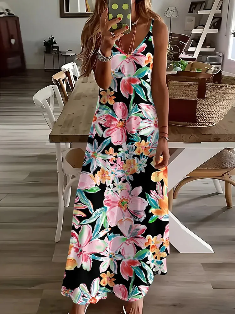 Hawaii Seaside Vacation Sexy V-neck Suspender Dress Fresh Flower Print Street Fashion Sexy Party Dinner Long Evening Dress