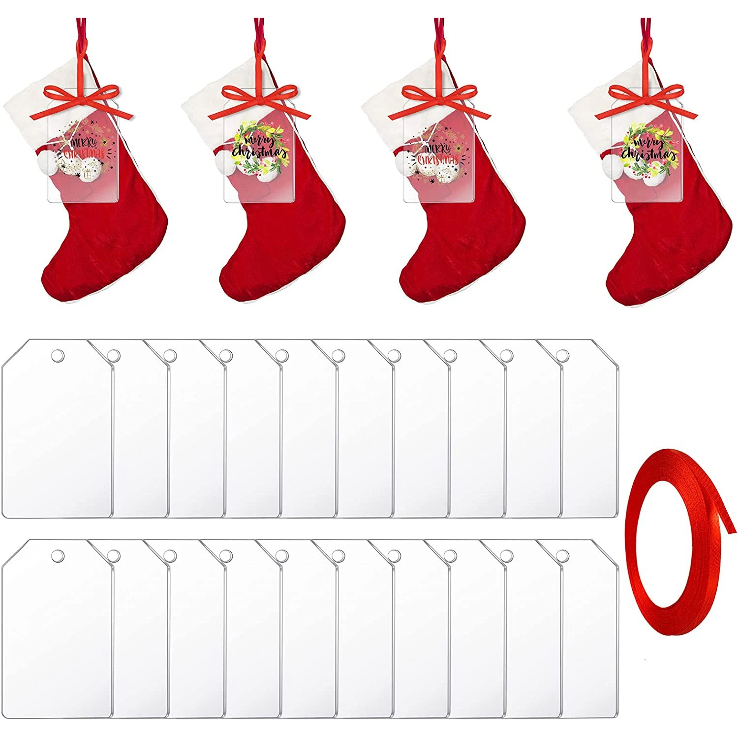 

20/50 Pieces 3.16 Inch Clear Acrylic Christmas Ornaments Blank DIY Tags with Red Ribbon for Christmas Tree Decoration DIY Crafts