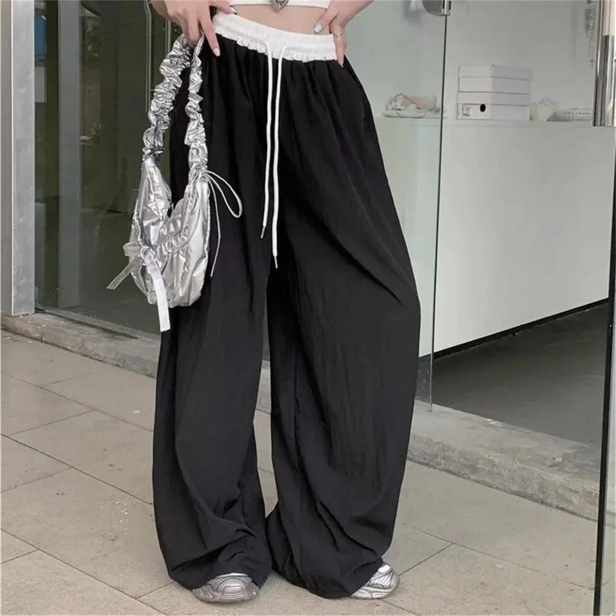 High Street Women's Wide Leg Pants Stripe Drawstring Y2K Gothic Hip Hop Cargo Pants Hotsweet Matching Female Trousers Summer New