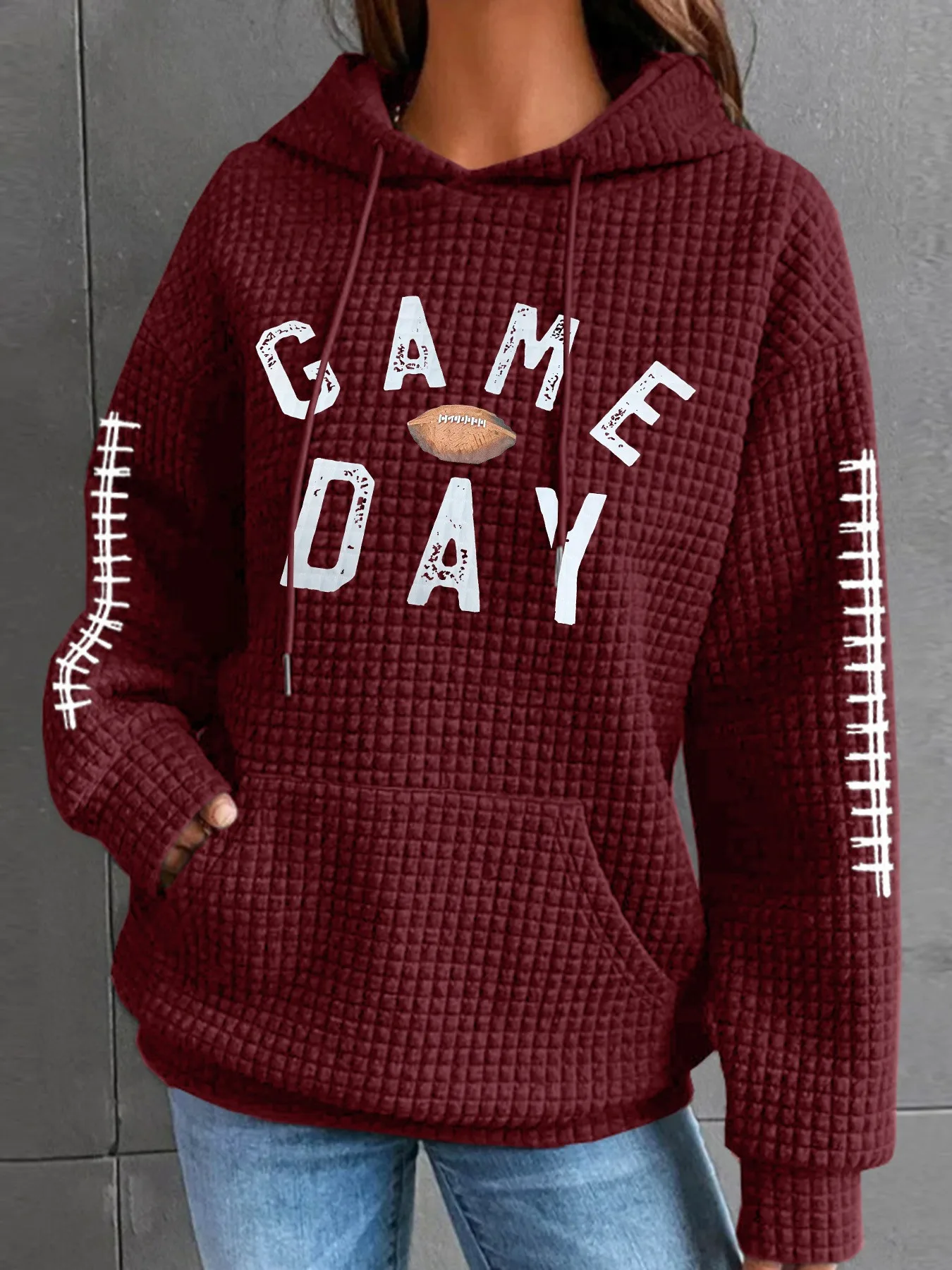 Women's Winter Thick Waffle Knit Solid Color Round Neck Pocket Sweatshirt Hip Length Crinkled Hoodie Women's Hoodies And