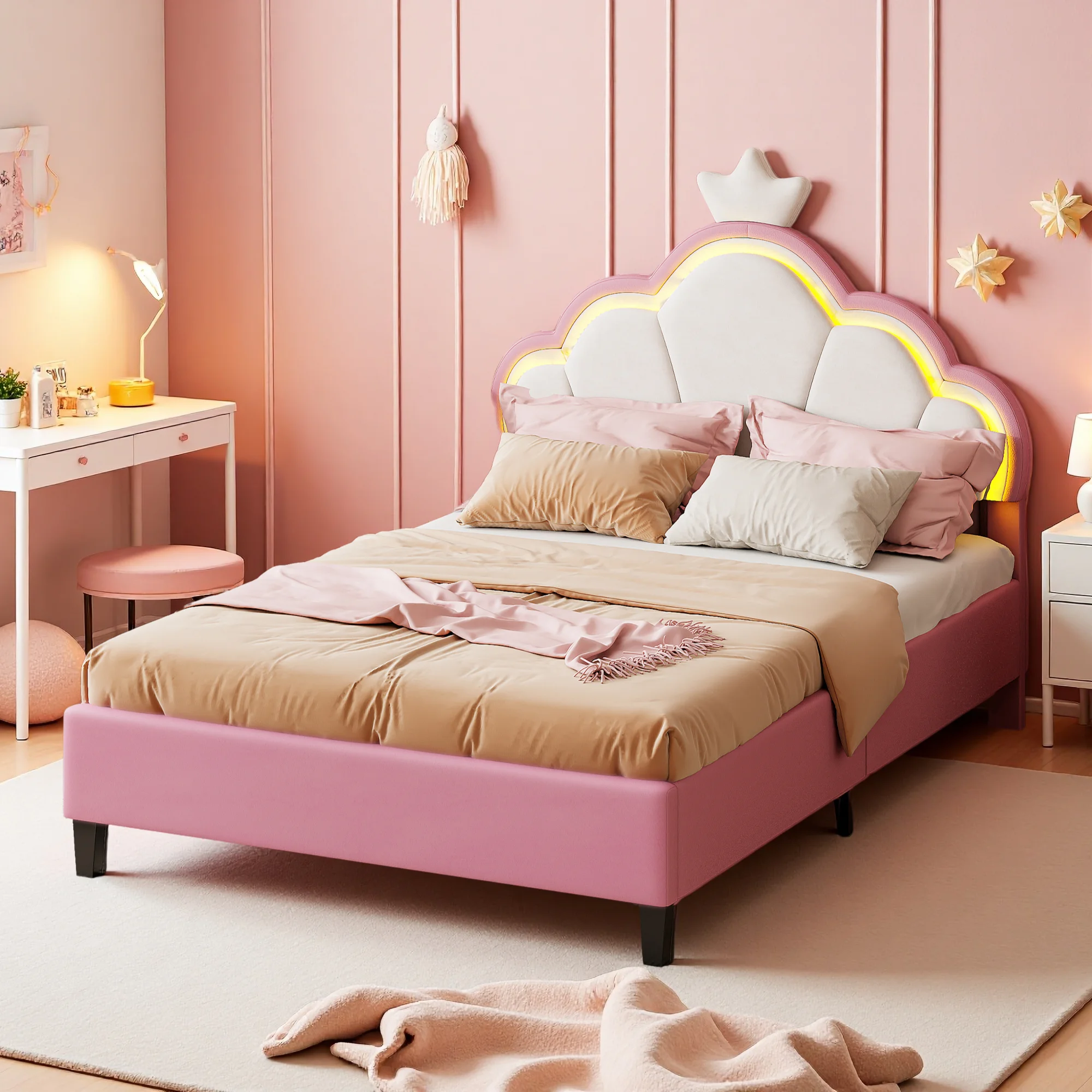 Kinderbed 90/140x200 cm, eenpersoons gewatteerd bed met LED-verlichting, hoofdeinde bedkroon en lattenbodem, fluweel, roze