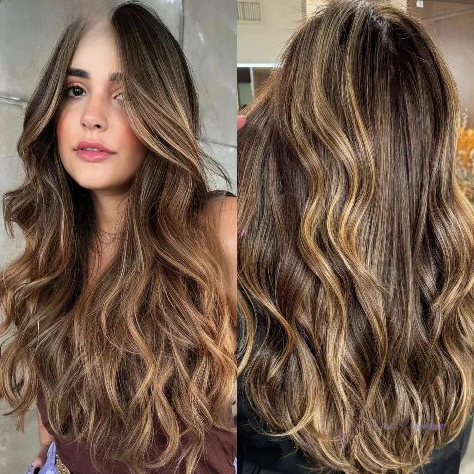 Peruki z naturalnych włosów w kolorze Bayalage Blonde, gęstość 180, pełne koronkowe, z naturalną linią włosów, wstępnie wyregulowane, długie, falowane, z jedwabną warstwą 13x4 na przodzie. — 2