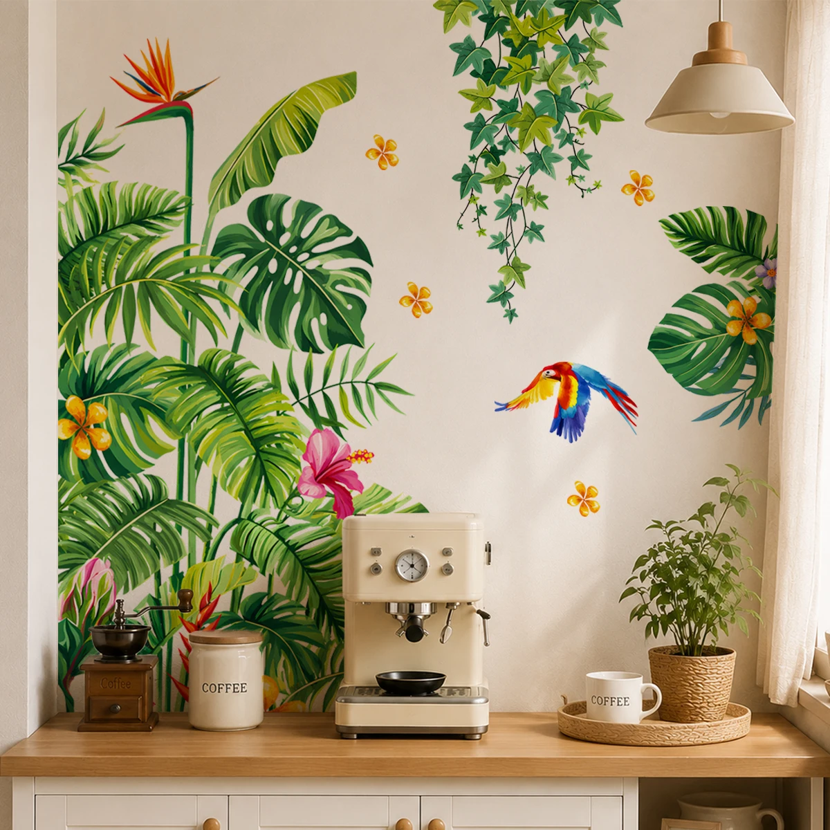 Tropical Plants Door Stickers Palm Leaves Wall Decals Parrot Hanging Ivy Floral Wall Stickers for Living Room Bedroom Home Decor view 4
