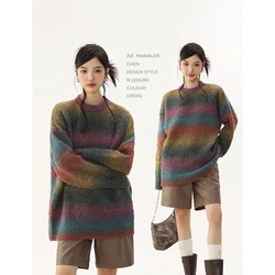 Vintage Striped Knitting Sweater For Women Round Neck Long Sleeve Casual Loose Warm Tops 2023 Winter New