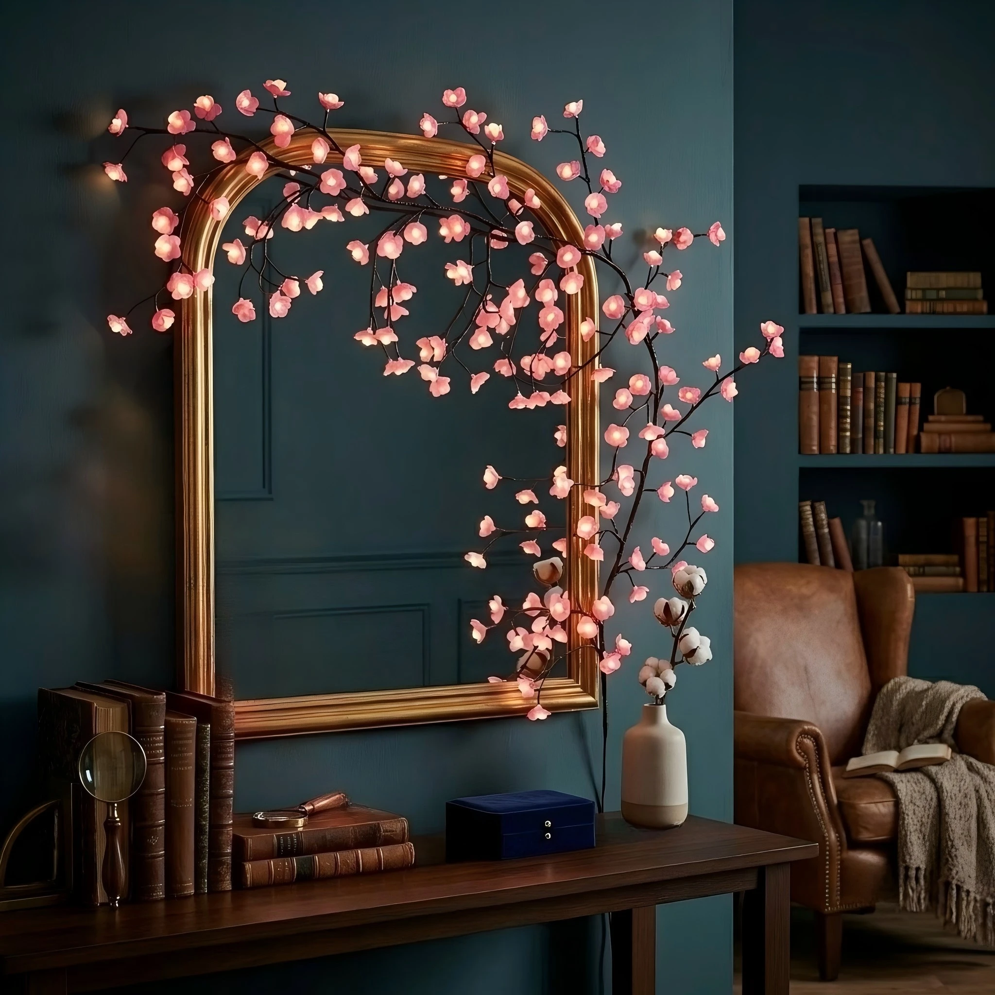 LED Cherry Blossom Branch Wall Lights, Warm White Glowing Flower Vine String Lights for Bedroom Living Room Home Wall Decoration