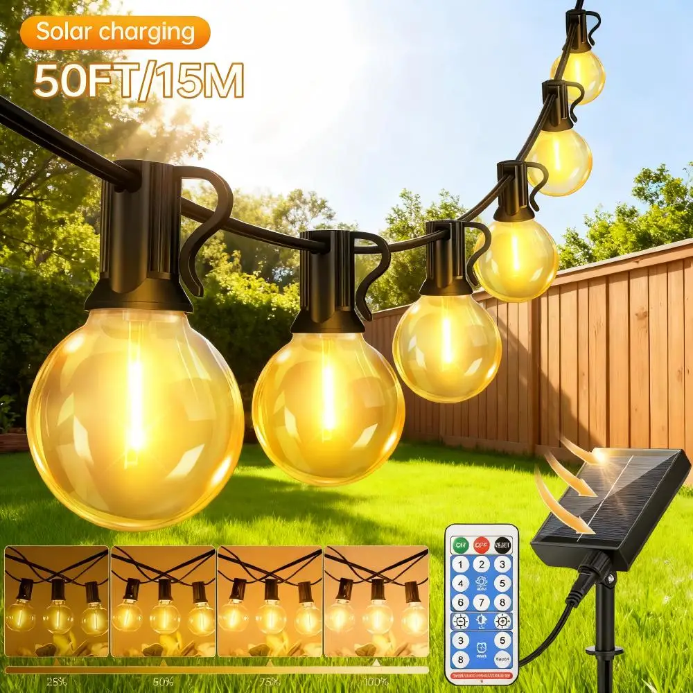 LED-Solar-Lichterkette G40, 15 m, für den Außenbereich, Terrassenlampe, wasserdicht, dimmbar, Feen-Solarlichter für Hochzeit, Garten, Geburtstag, Party-Dekoration
