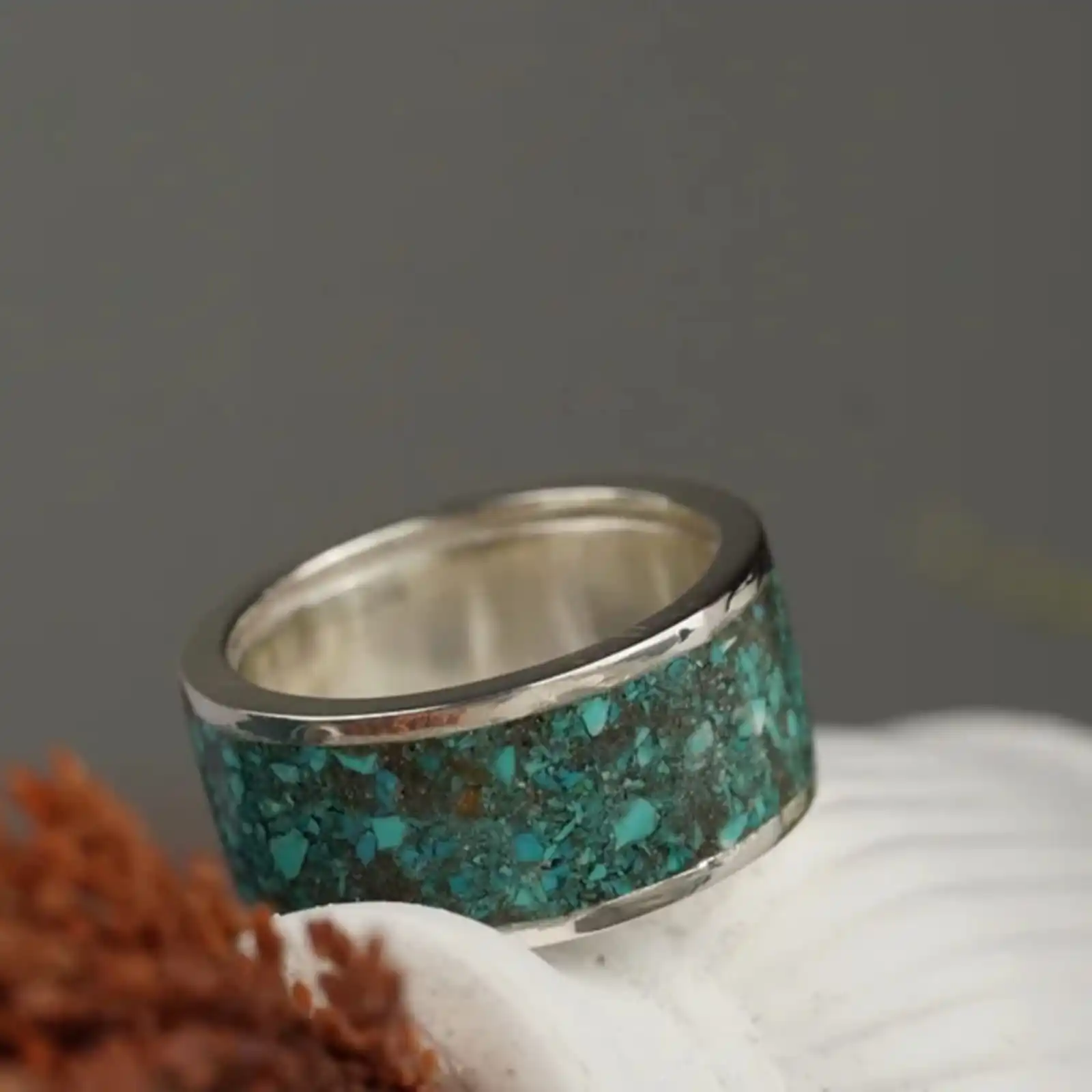 

Handcrafted 925 Sterling Silver Turquoise Wedding Band - Unisex Gift - Unique Broken Turquoise Stone Ring - Men's and Women's