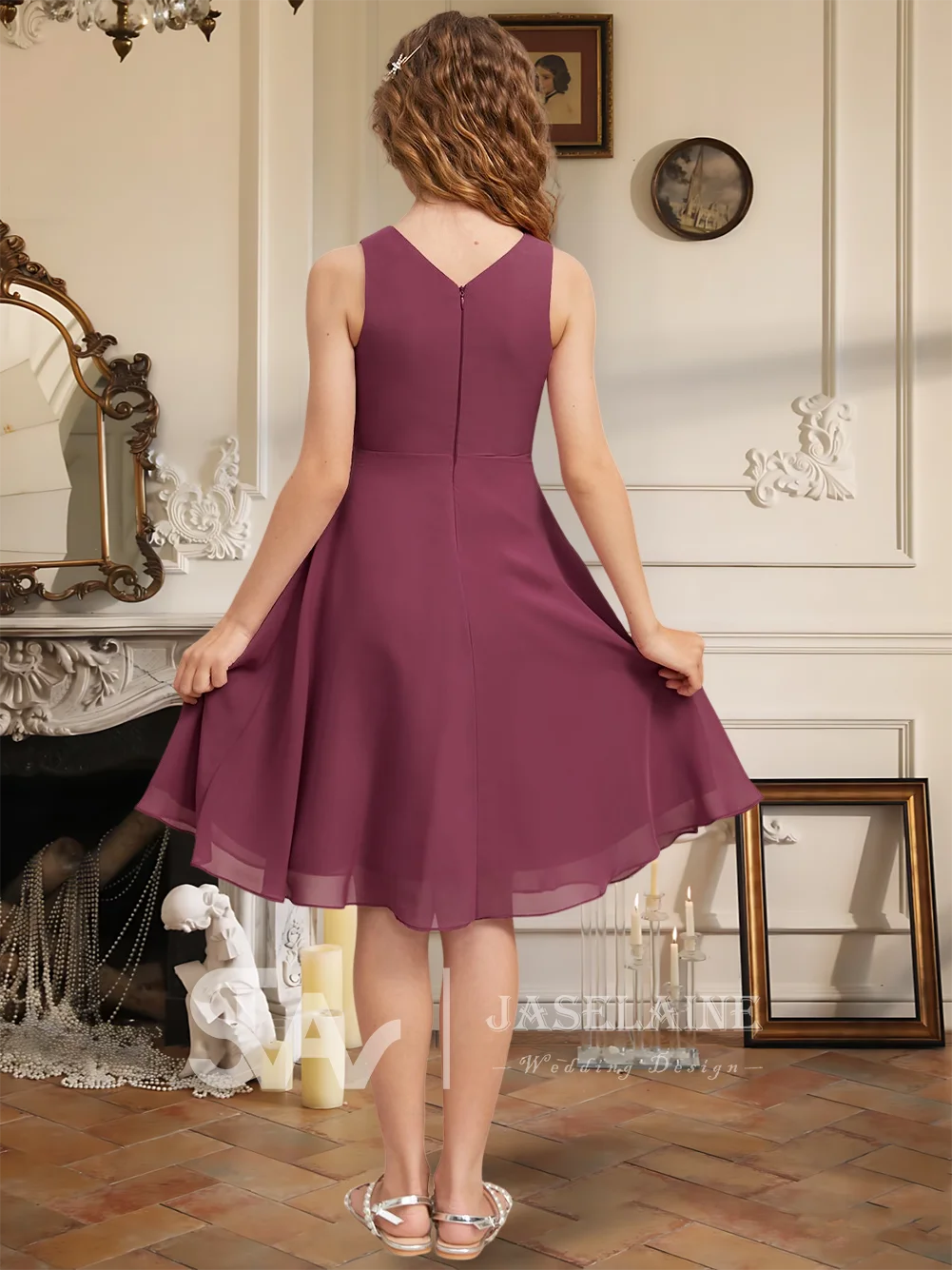 Elegante abito da damigella d'onore junior in chiffon con scollo a barchetta e lunghezza al ginocchio, abito da ragazza di fiori, convertibile, per feste, matrimoni, speciali formali