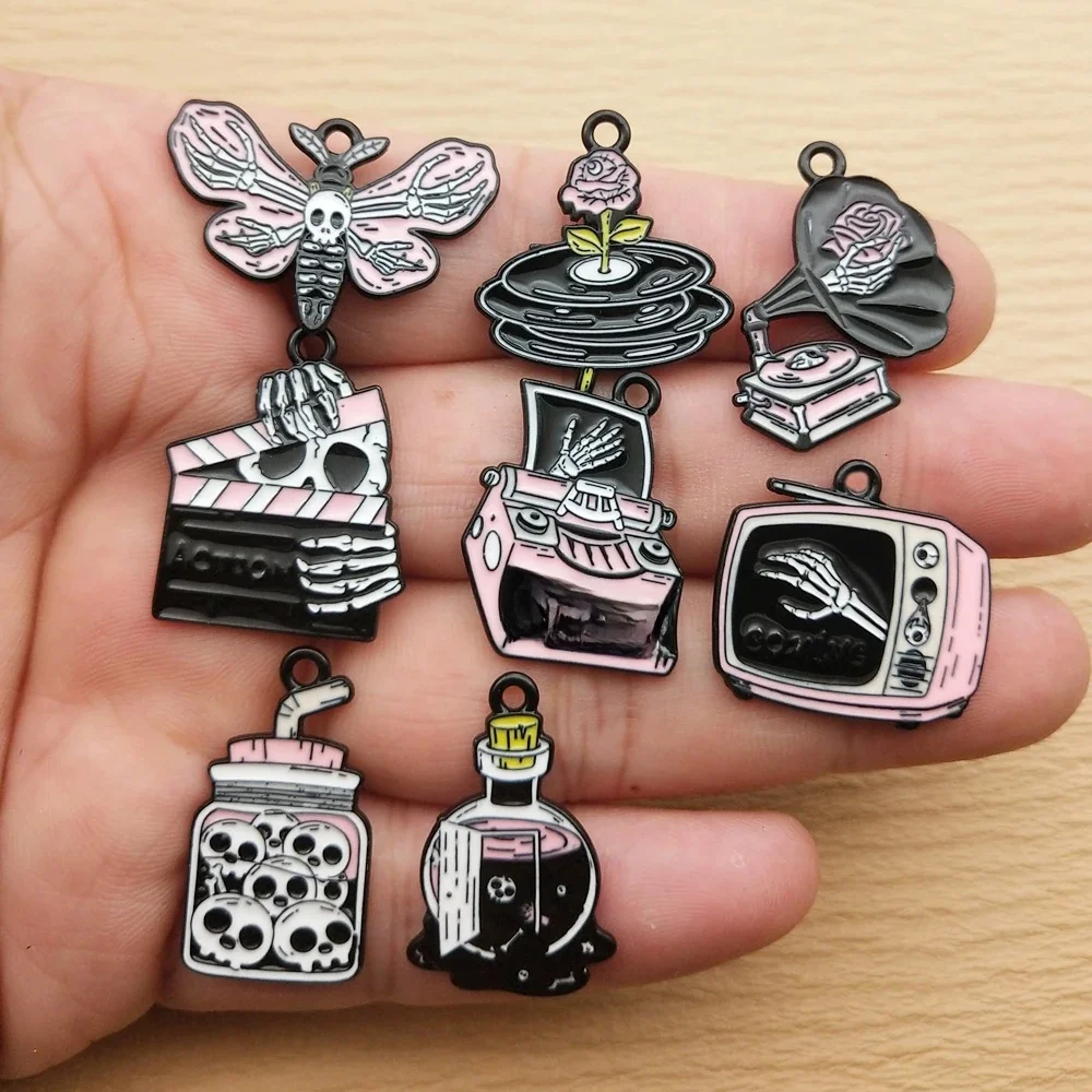 10 Stück Totenkopf-Geist-Anhänger für die Schmuckherstellung, Emaille-Halskette, Armband, Anhänger, DIY-Zubehör, Herstellung von Legierung, Metall, schwarz plattiert