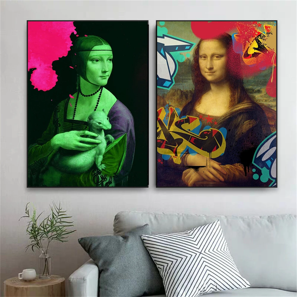 Fashion Classical Graffiti Wall Art Poster Colorful Neon Lady With Ermine Art Prints Davinci Art Vintage Canvas Painting Decor