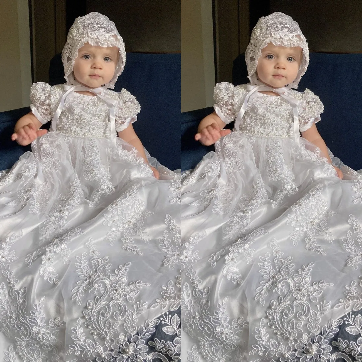 

Lace Christening Gown for Baby Short Sleeve First Communion Dress Infant Toddler Girls Baptism Dresses With bonnet