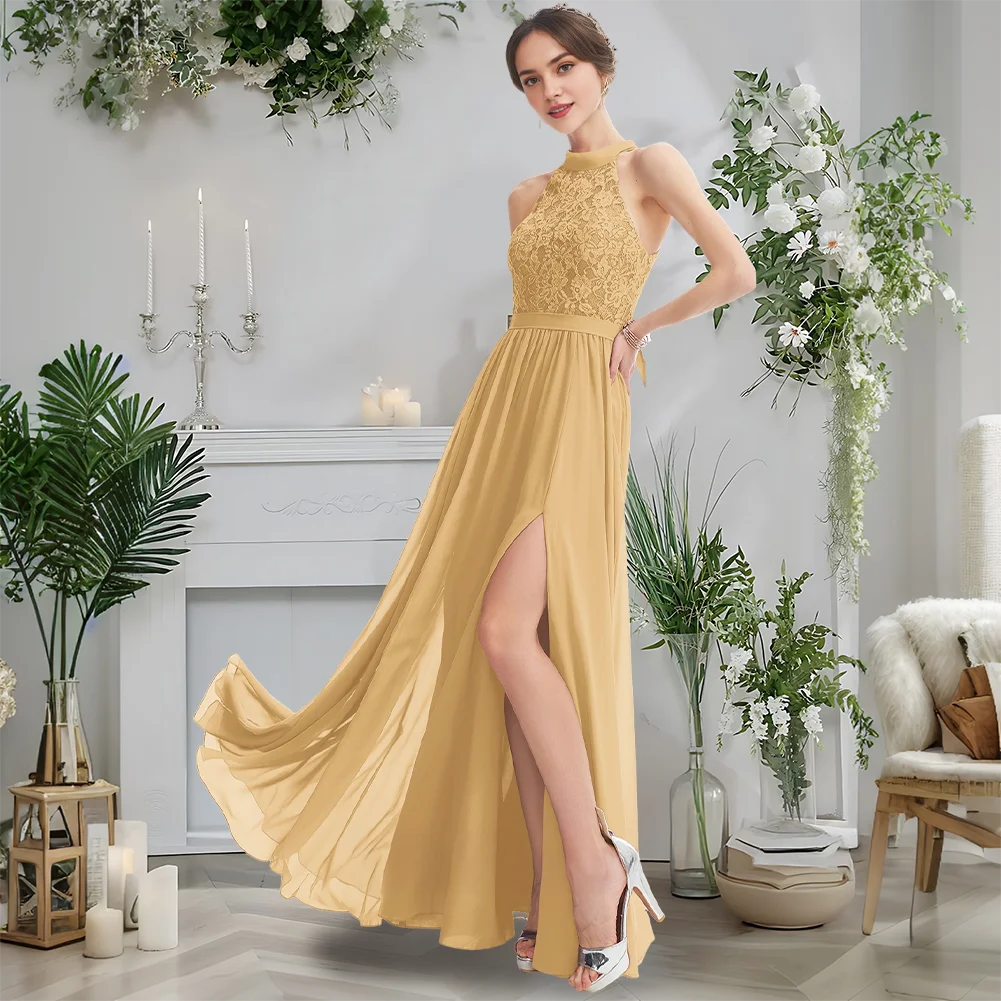 

Dusk 2025 Elegant Halter Neck A-Line Floor-Length Chiffon Lace Bridesmaid Dresses Wedding Party Guest Cocktail Evening Dress​