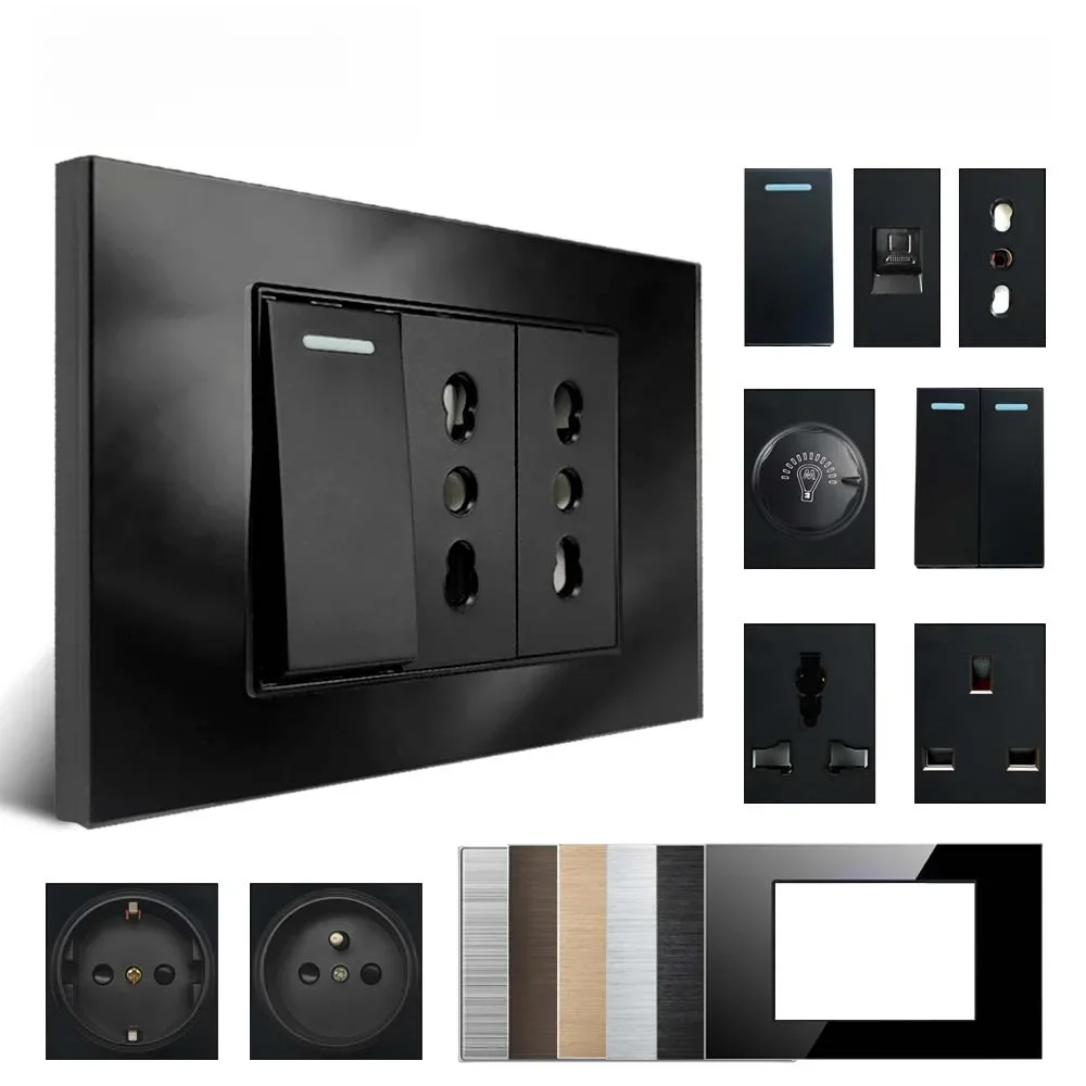 Wallpad DIY czarne szkło hartowane panel aluminiowy ze stali nierdzewnej włącznik światła naściennego i gniazdo 118*75mm tylko rama modułu — zdjęcie 2