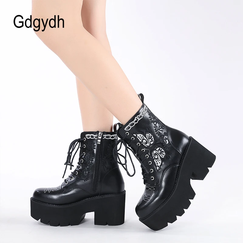 Gdgydh Women\'s Platform Boots Lace Up and Zipper Chunky Heels Black Dark Combat Ankle Booties Fashion Embroider Studded Boots