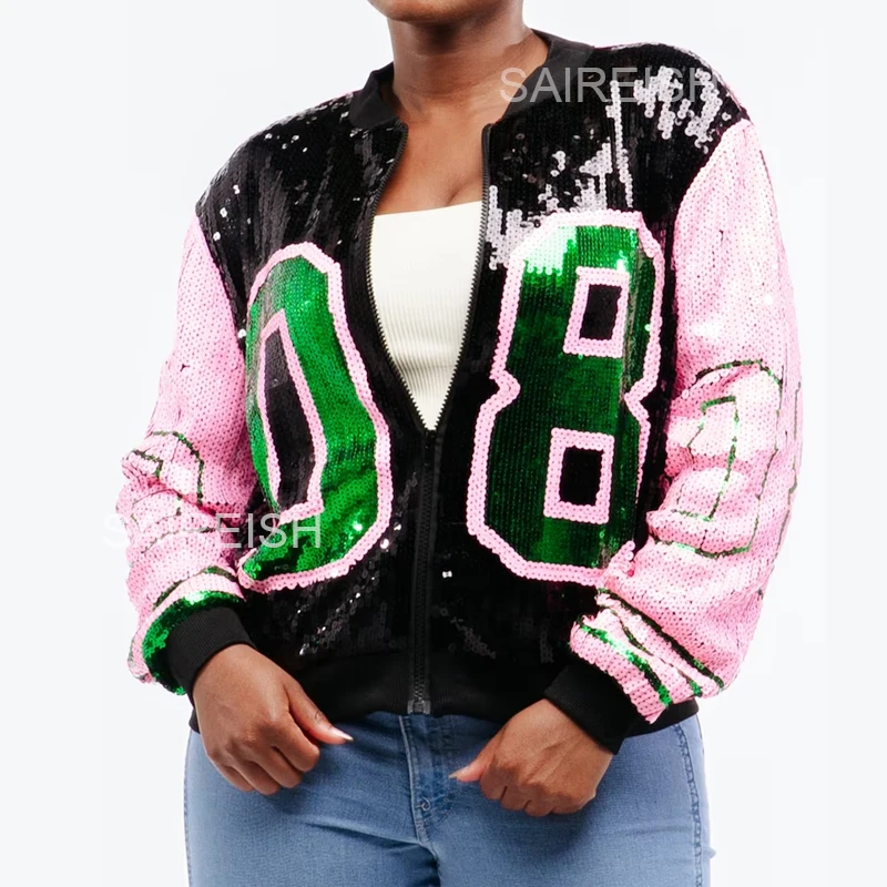 Sleeve Pink Green 08 Letter Casual Sequin Bling  Women Number 08 Sorority Sequin Jersey Sequin Jacket