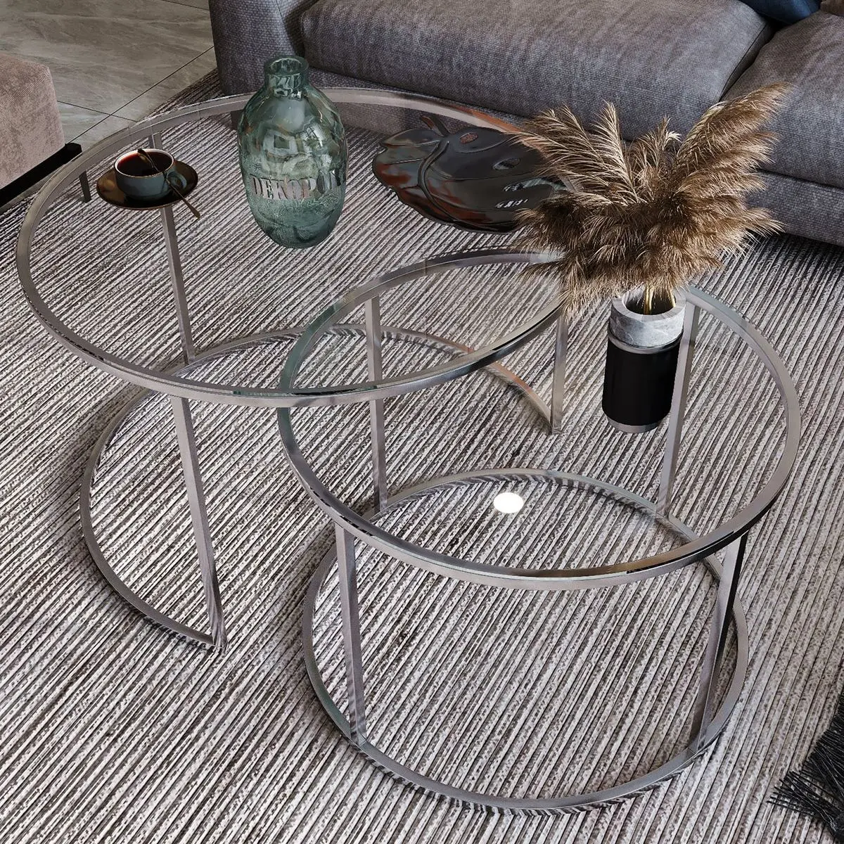 Modern Set of 2 Center Tables Silver Transparent Unbreakable Glass Luxury Design Coffee Tables Home Living Room 3 Pcs Furniture