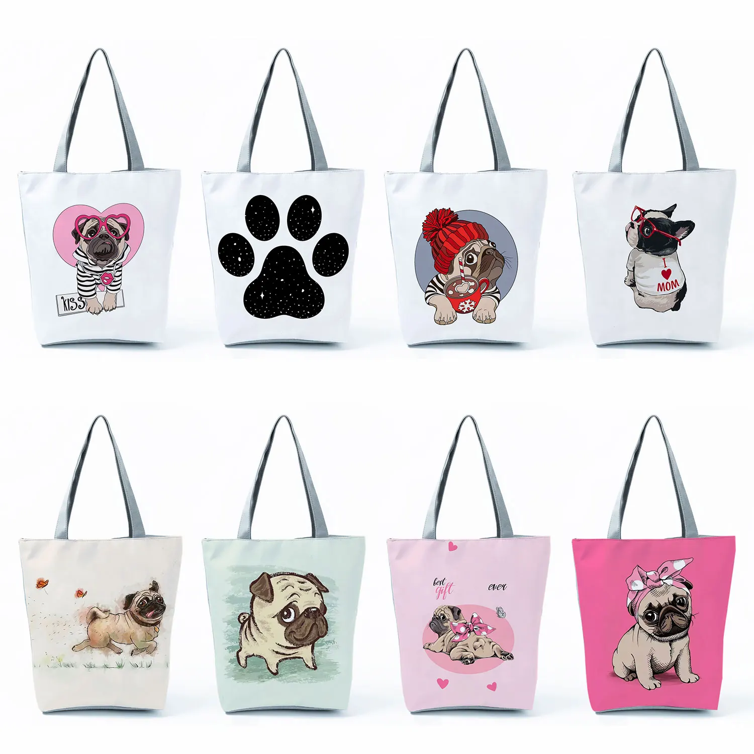 

Handbag High Capacity Fashion Cute Pug Paw Funny Print Portable School Teacher Gift Bag Shoulder Bag Shopper Bag Travel Women