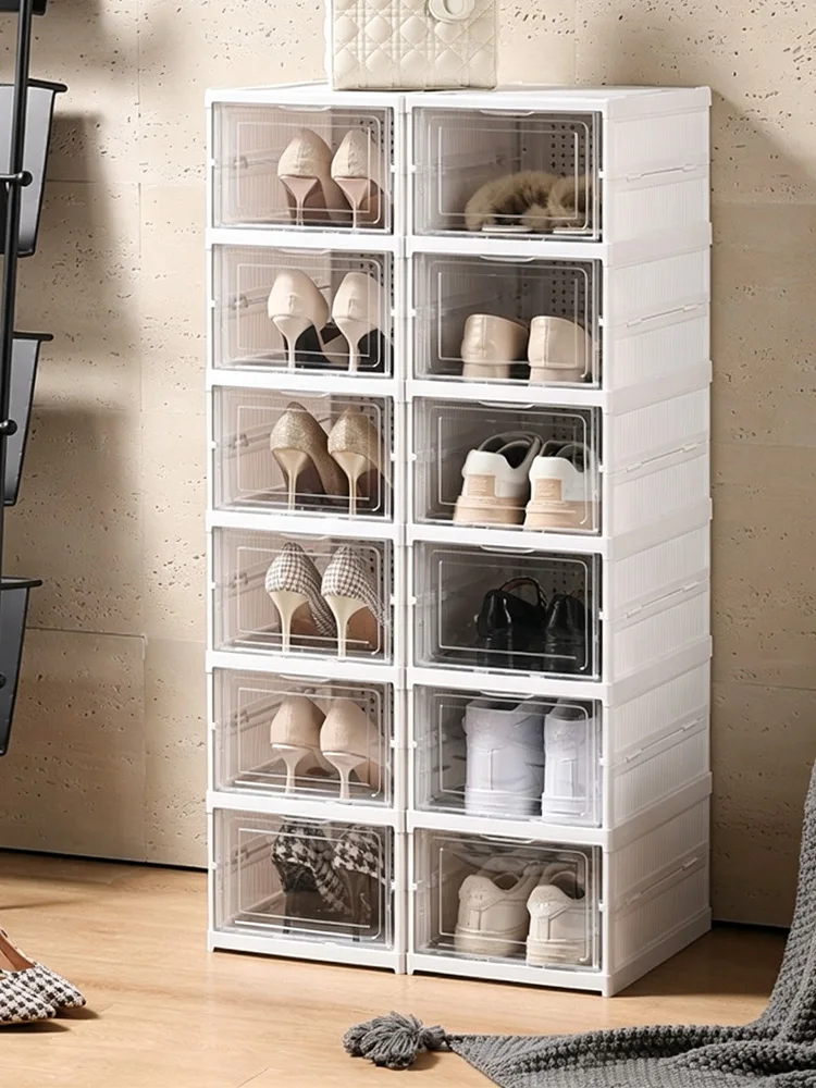 Faltbarer Schuhschrank, 6-stufiger stapelbarer transparenter Schuh-Organizer mit Acryltür, staubdichtes, atmungsaktives Schuhregal, schnell montierbare Schuhaufbewahrungseinheit für Eingangsbereich,