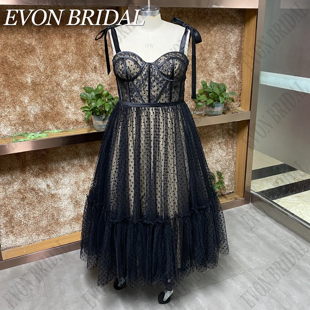 EVON BRIDAL Nero Polka Dots Prom Gowns A Line Tea Lunghezza Bow Straps Abiti da Sera 2024 Lace Up Backless vestidos de fiesta Sweetheart Cocktail Ball per le donne Eleganti foto reali Custom Made