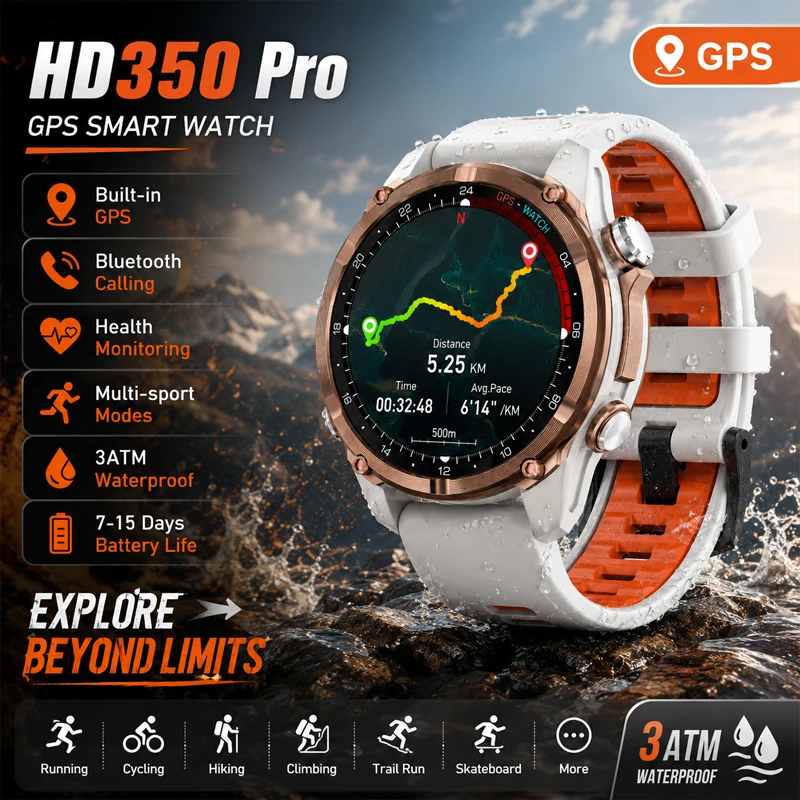 HD350 Pro Military Grade AGPS Smart Watch 3ATM Waterproof Dual-band GNSS Compass Altimeter AMOLED Swim Sports Smart Watch Men