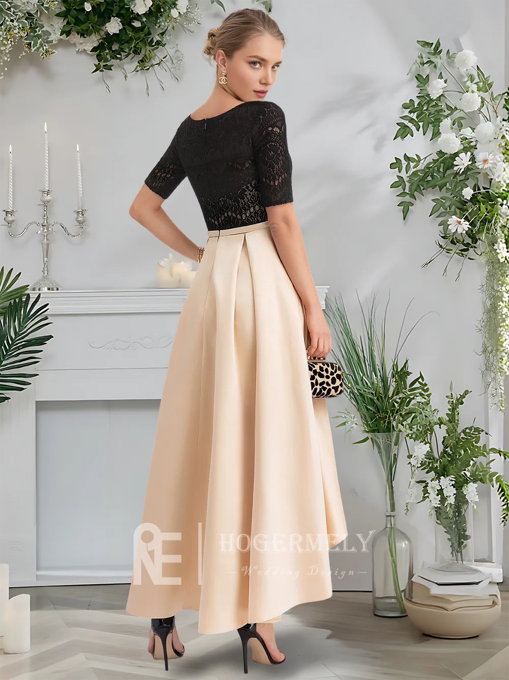 Вечернее платье цвета шампанского, асимметричное атласное кружевное платье для выпускного вечера, 2022, элегантное вечернее платье с короткими рукавами и половиной рукавов Woma