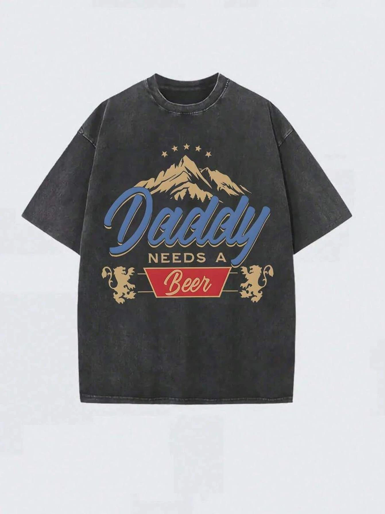 Vintage Washed Black Short Sleeve T-Shirt for Men Daddy Needs A Beer Mountain Graphic Print Oversized Crew Neck Tee Retro Casual Loose Fit Summer Top Father's Day Gift